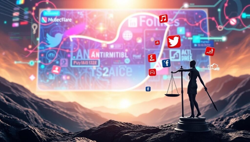 A statue of Lady Justice stands with scales, with by floating social media icons, symbolizing law and ethics in digital media.