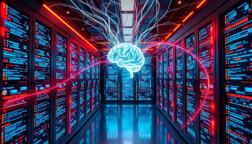 A glowing digital brain connected to data streams in a futuristic server room.