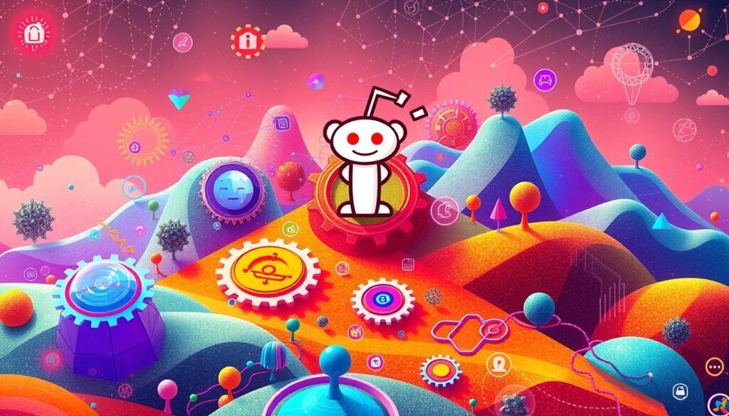 A colorful Reddit-inspired landscape with interconnected gears, icons, and a vibrant, surreal design.