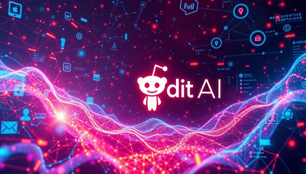 A Reddit AI logo with glowing data connections and futuristic elements in the background.