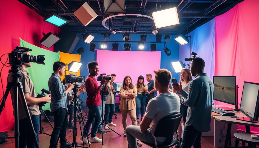 TikTok creators in a brightly lit studio with colorful backdrops and professional equipment.