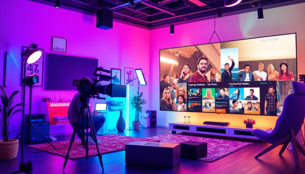 A modern studio with a large screen displaying streaming content, cameras, and colorful lighting.