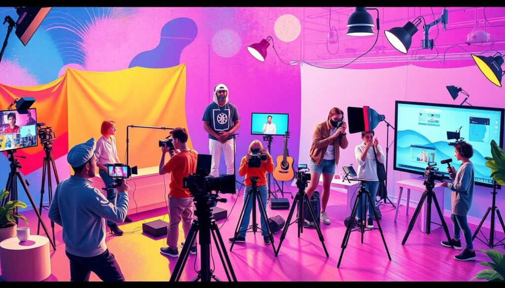 A creative studio with a vibrant setup, featuring TikTok creators, colorful backdrops, and various cameras.