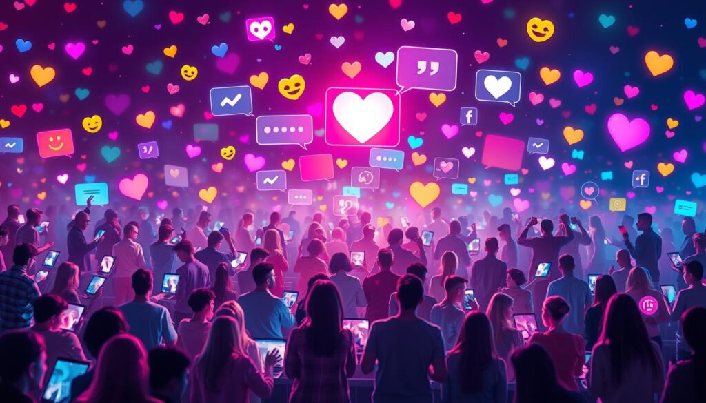 A crowd interacting with devices, with colorful icons like hearts, emojis, and chat bubbles, highlighting digital connectivity.