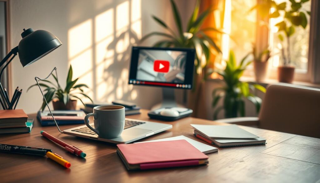 A cozy workspace with a laptop, coffee cup, and stationery on a wooden desk, with a YouTube video playing on a monitor.