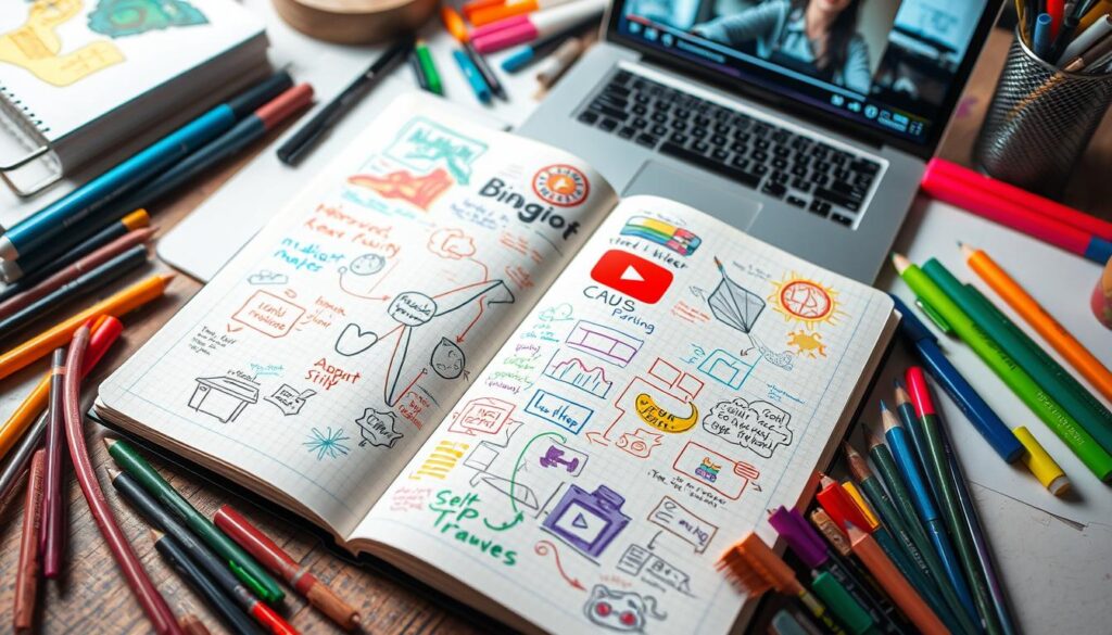 An open notebook filled with colorful doodles and ideas, surrounded by markers, pens, and a laptop in a creative workspace.